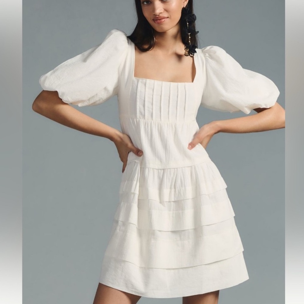 Anthropologie Square-Neck Puff-Sleeve Tiered Dress • EUC • Size L